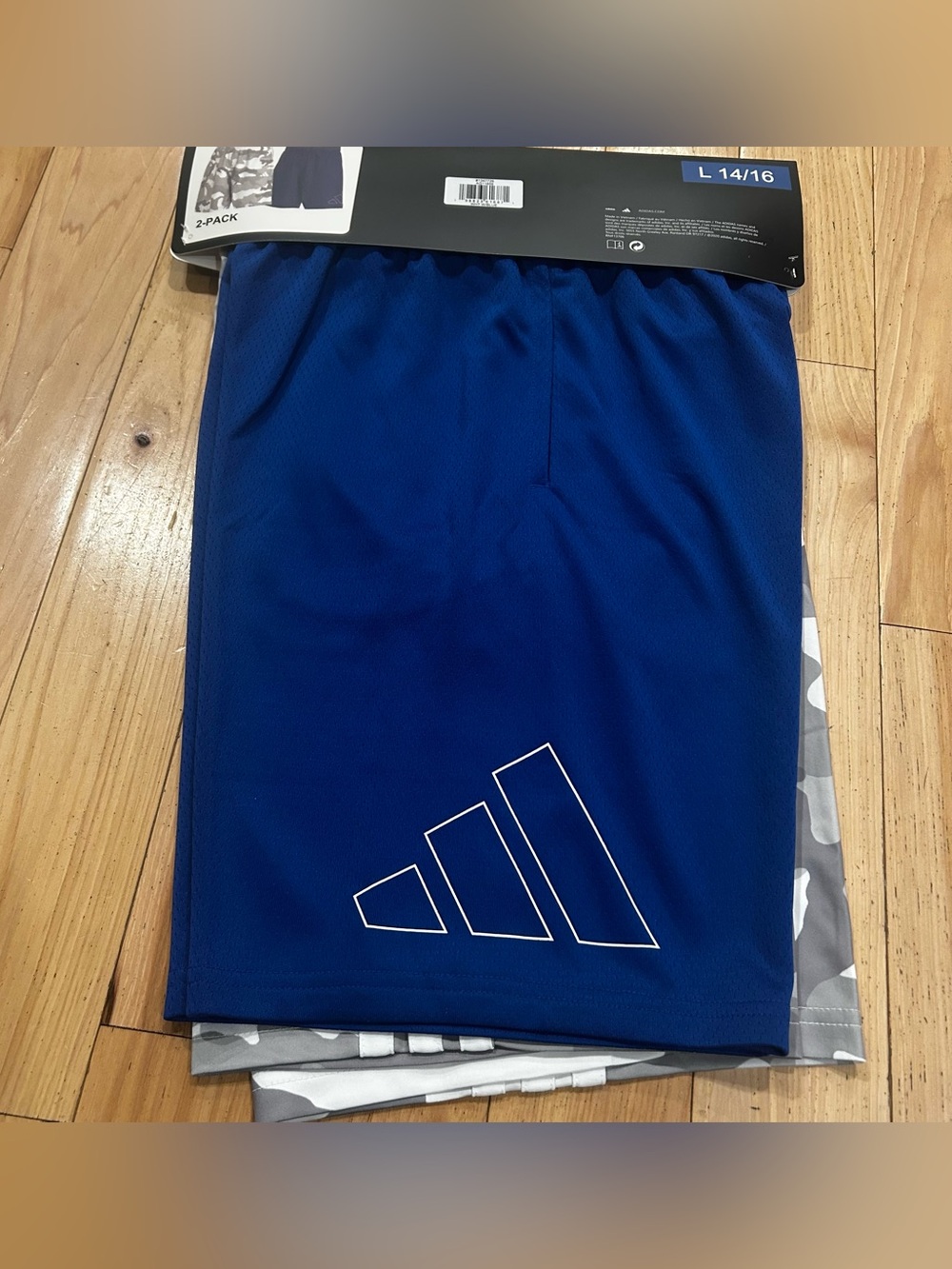 NWT Adidas Youth 2 Pack Set of Casual Athletic Shorts - Grey Camo & Blue - Large - Picture 2 of 2